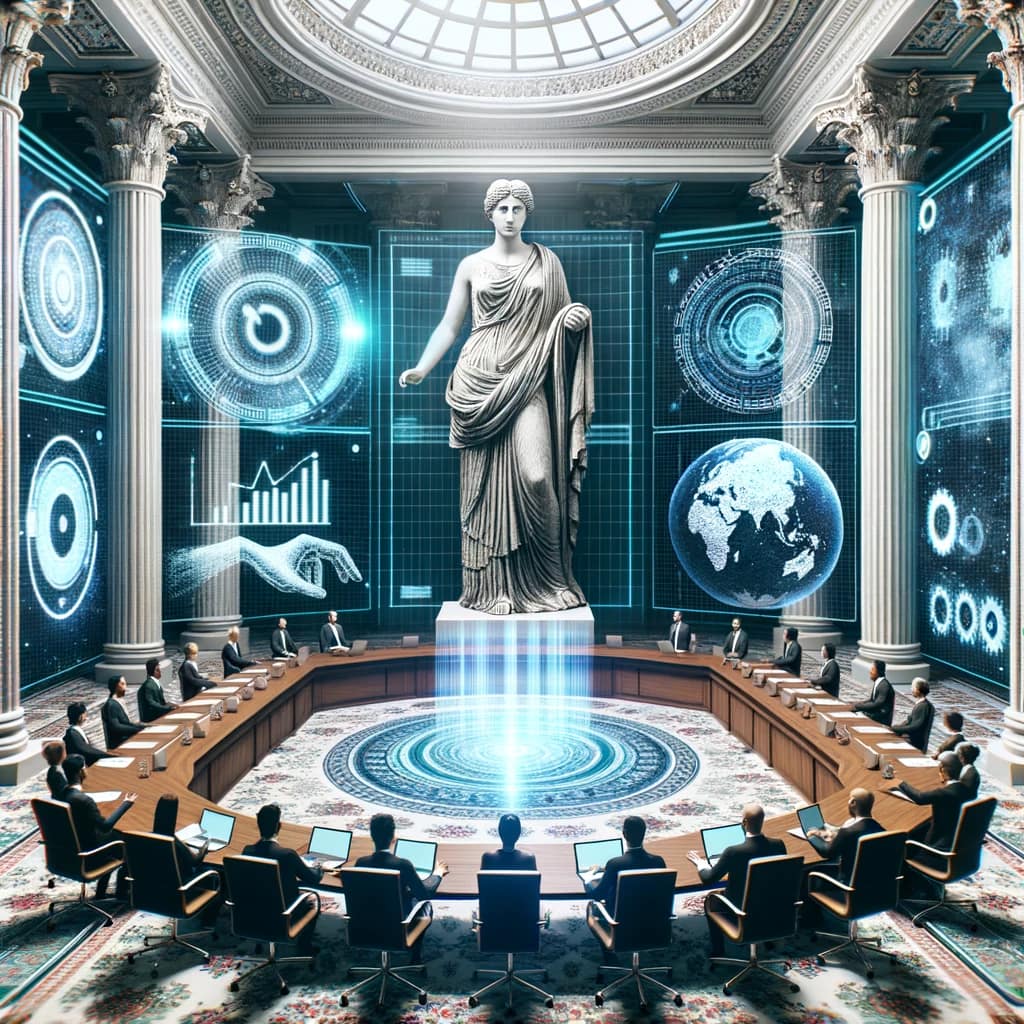 DALL·E 2023-10-16 12.25.44 - Photo montage of a meeting room with a grand Greek antique statue at the center, surrounded by digital projections and holograms, illustrating the mer Metaverse
